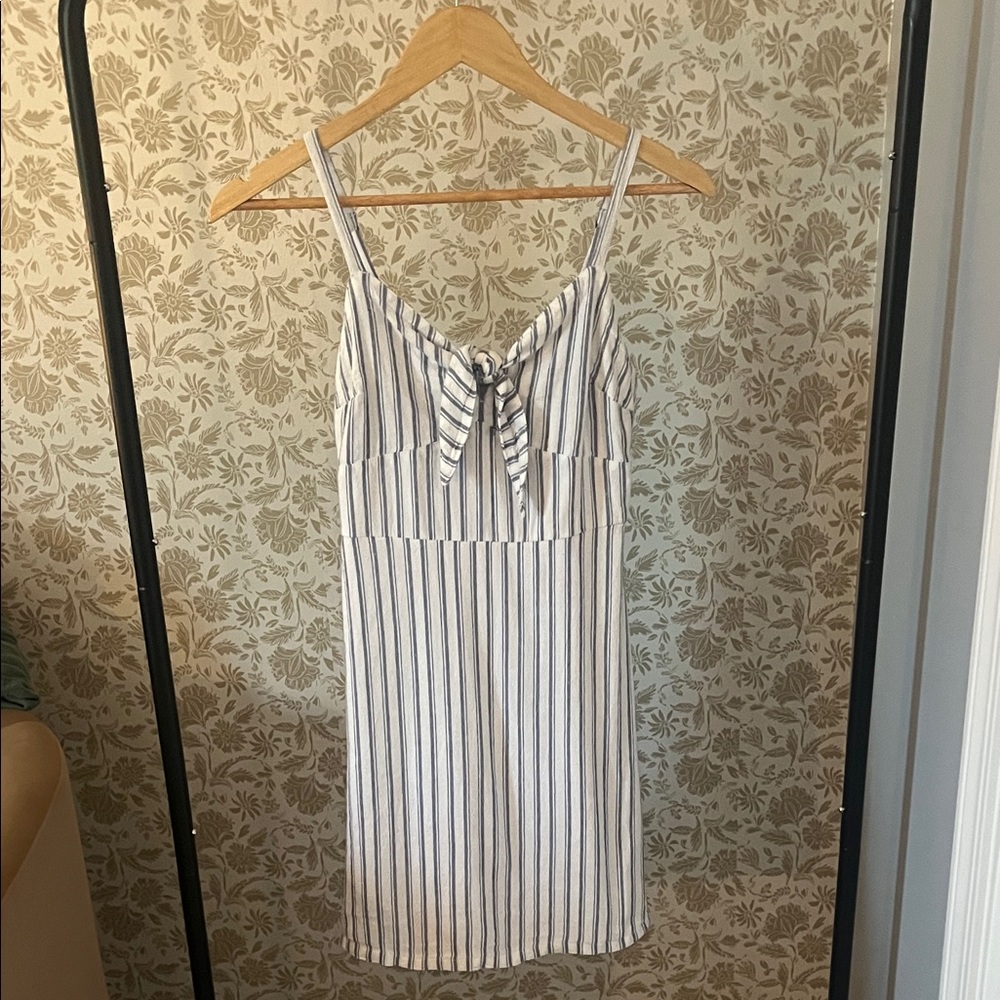 Hollister White Dress with Navy Vertical Stripes and Tie-Front